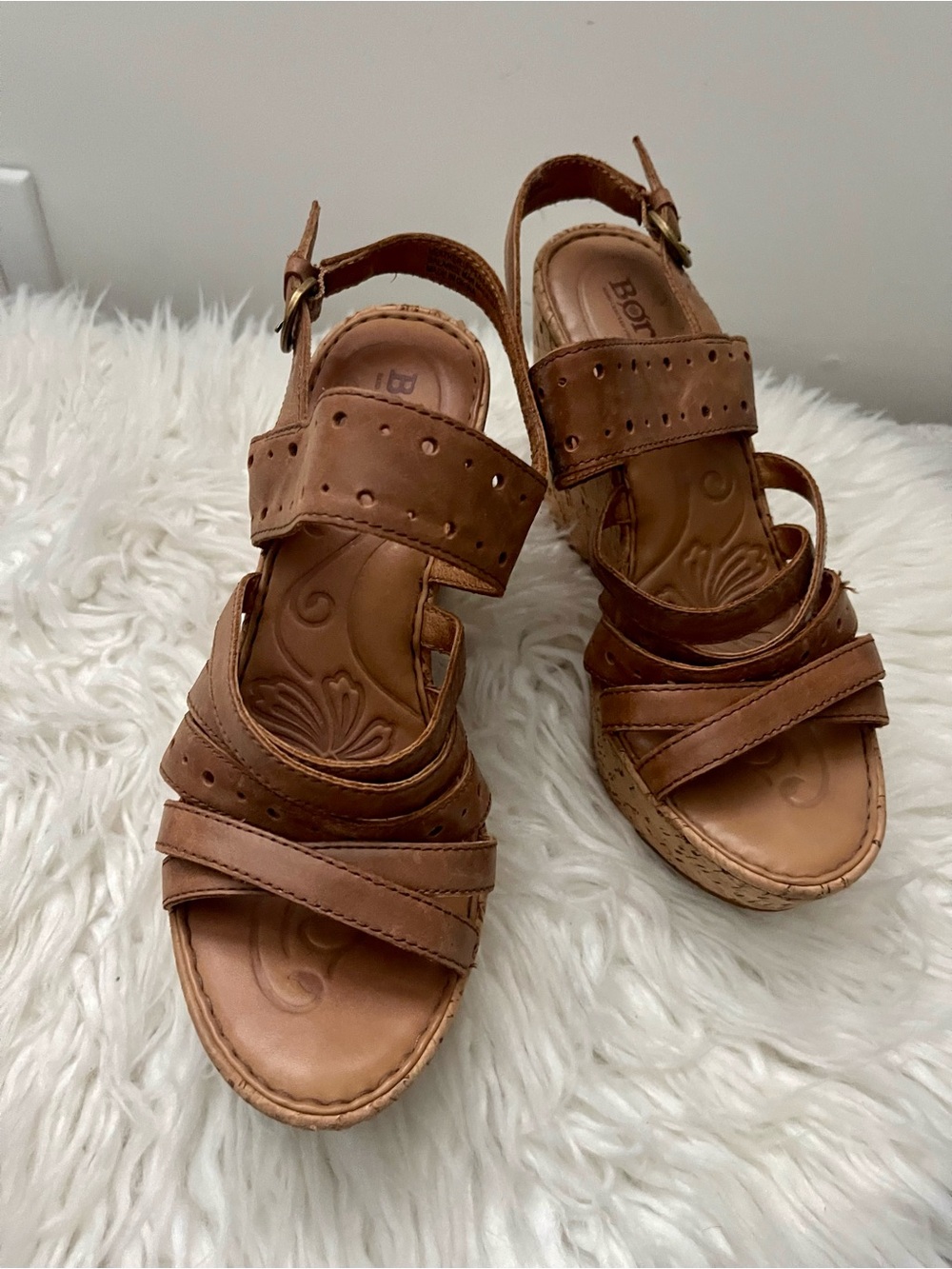 Børn Brown Leather Cork Wedge Sandals Boho Y2K Size 8